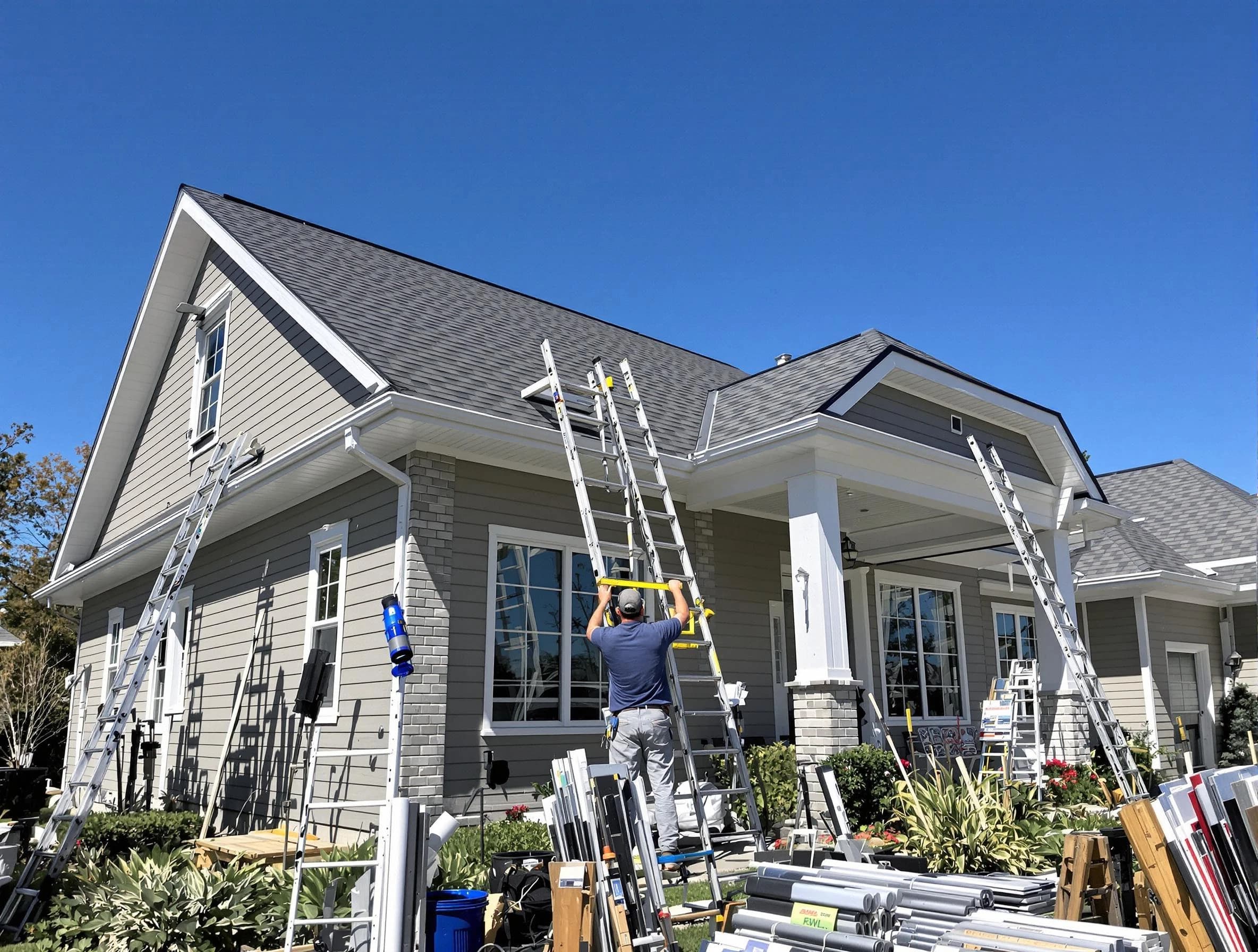 Macedonia Roofing Company fitting rain gutters at a home in Macedonia, OH