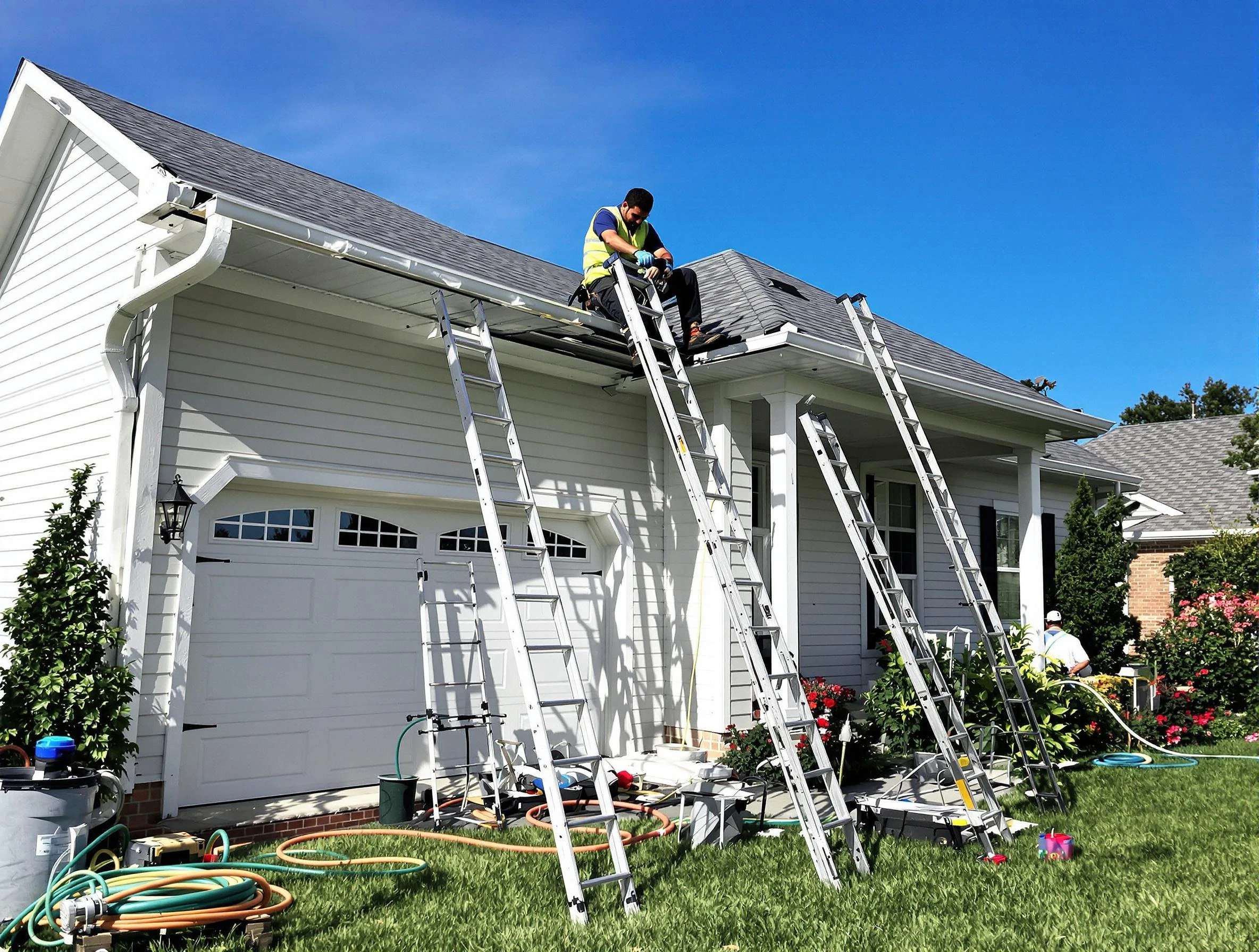 Removal of old gutters by Macedonia Roofing Company to install new system in Macedonia, OH